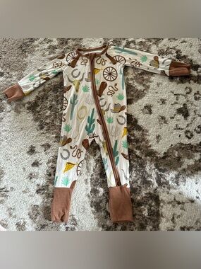 Little Sleepies Cream Western Print Footie with Brown Trim